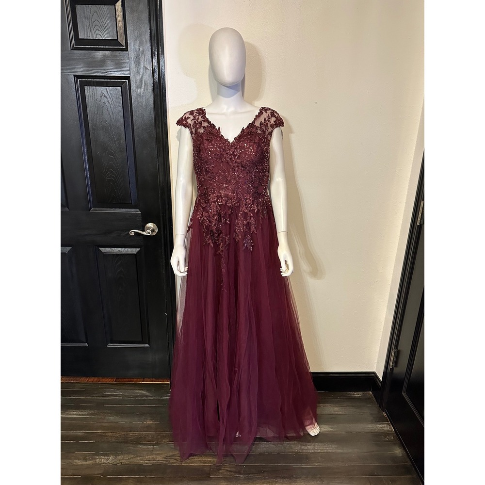JJ's House Burgundy Lace Sequin Tulle A-Line Evening Gown Prom Dress - Picture 3 of 5